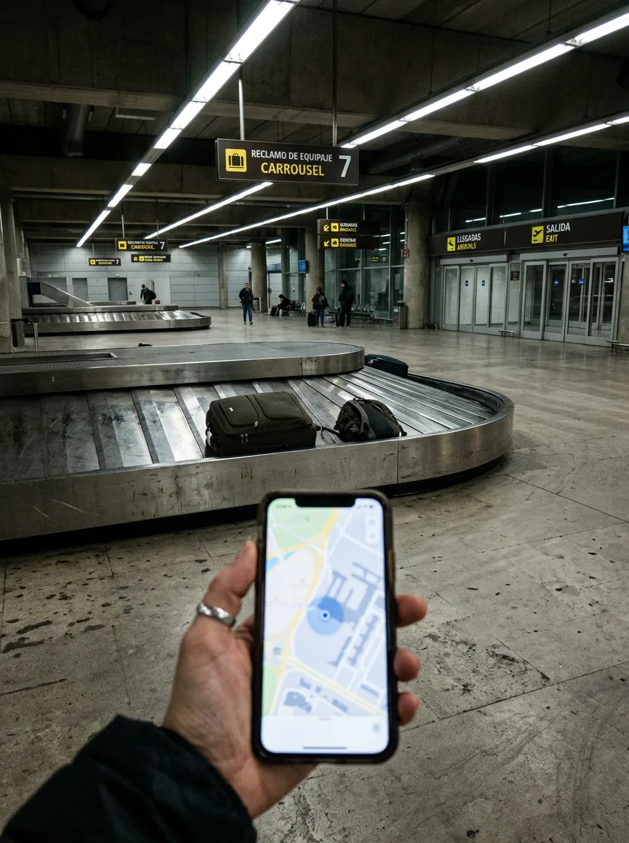 Sala de recogida de equipajes de un aeropuerto: una maleta y una mochila dan vueltas en la cinta del carrusel 7 mientras una mano en primer plano sostiene un móvil con la ubicación en el mapa